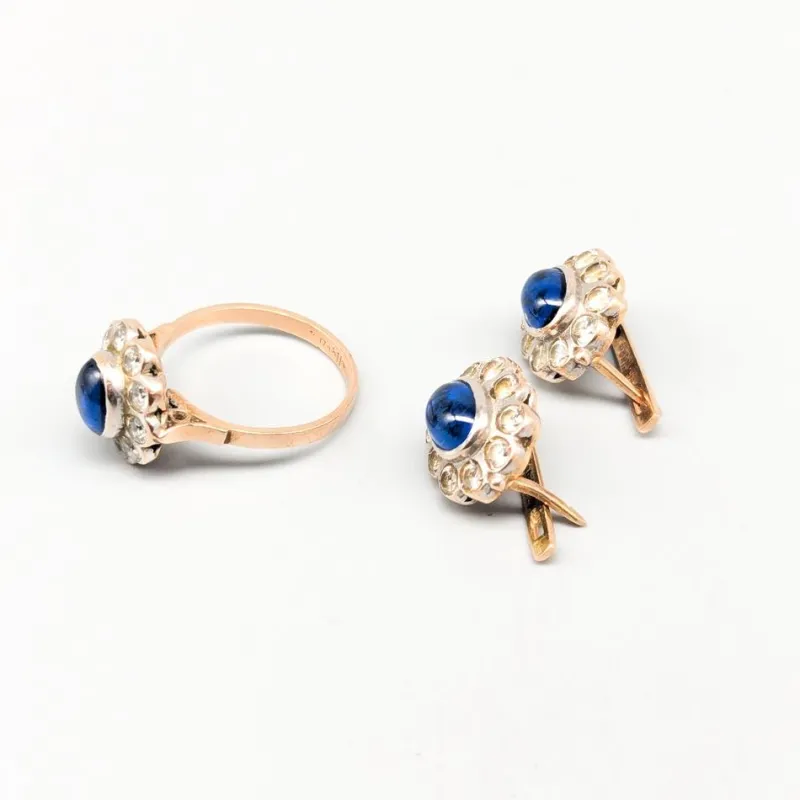 Pamono Ring and Earrings in 14 Karat Gold with Blue Spinels, Set of 3