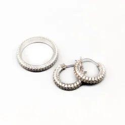 Sale Pamono Ring and Earrings in Silver with White Stones, Set of 3