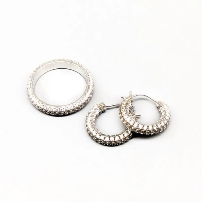 Sale Pamono Ring and Earrings in Silver with White Stones, Set of 3