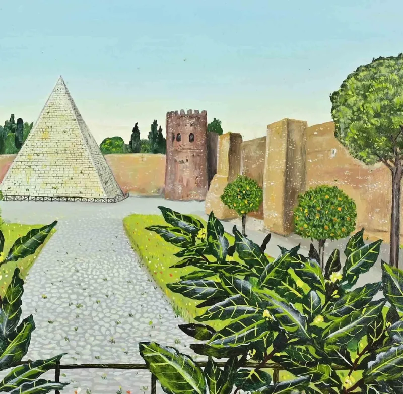 Pamono Roberto Caruso, View of the Pyramid of Gaius Cestius in Rome, Oil Painting, 2000s, Framed> Painting