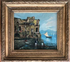Discount Pamono Roberto Scognamiglio, Baie de Naples et pêcheurs, Oil on Canvas, Framed