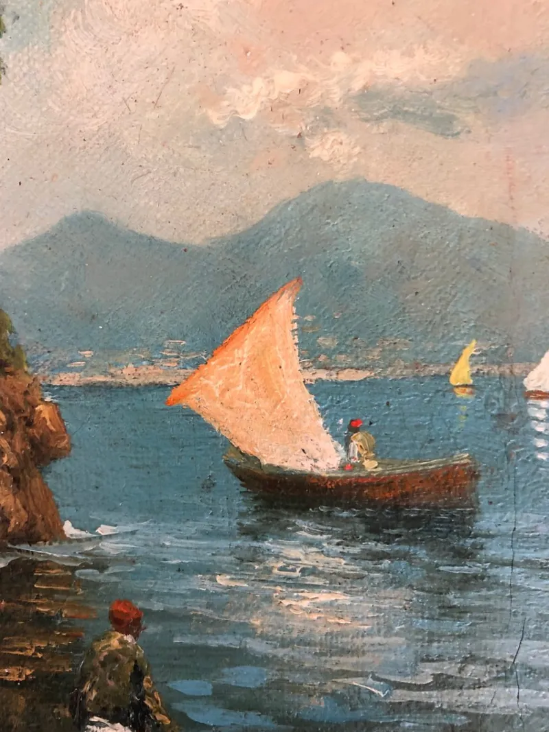 Discount Pamono Roberto Scognamiglio, Baie de Naples et pêcheurs, Oil on Canvas, Framed