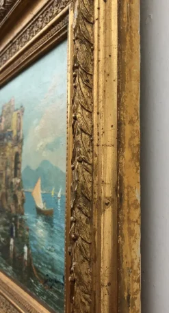 Discount Pamono Roberto Scognamiglio, Baie de Naples et pêcheurs, Oil on Canvas, Framed