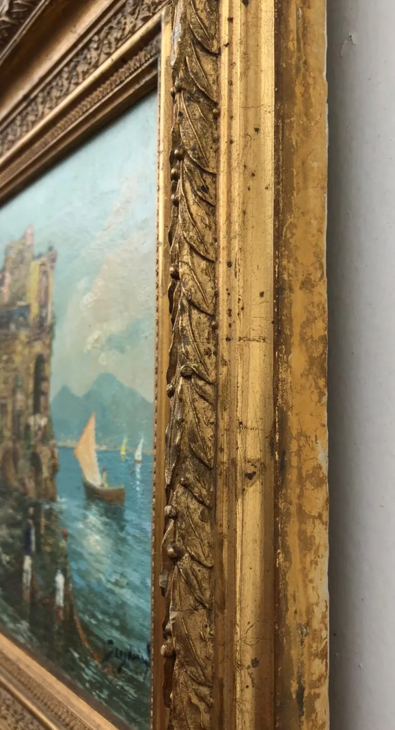 Discount Pamono Roberto Scognamiglio, Baie de Naples et pêcheurs, Oil on Canvas, Framed