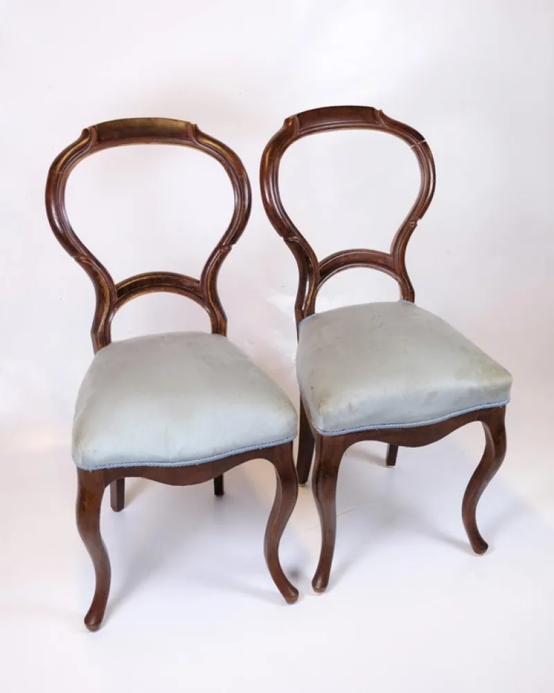 Online Pamono Rococo Chairs in Mahogany and Light Blue Fabric, 1860s, Set of 2