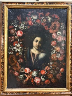 Outlet Pamono Roman School Artist, Salvador Mundi Within a Garland of Flowers, Late 17th Century, Painting, Framed