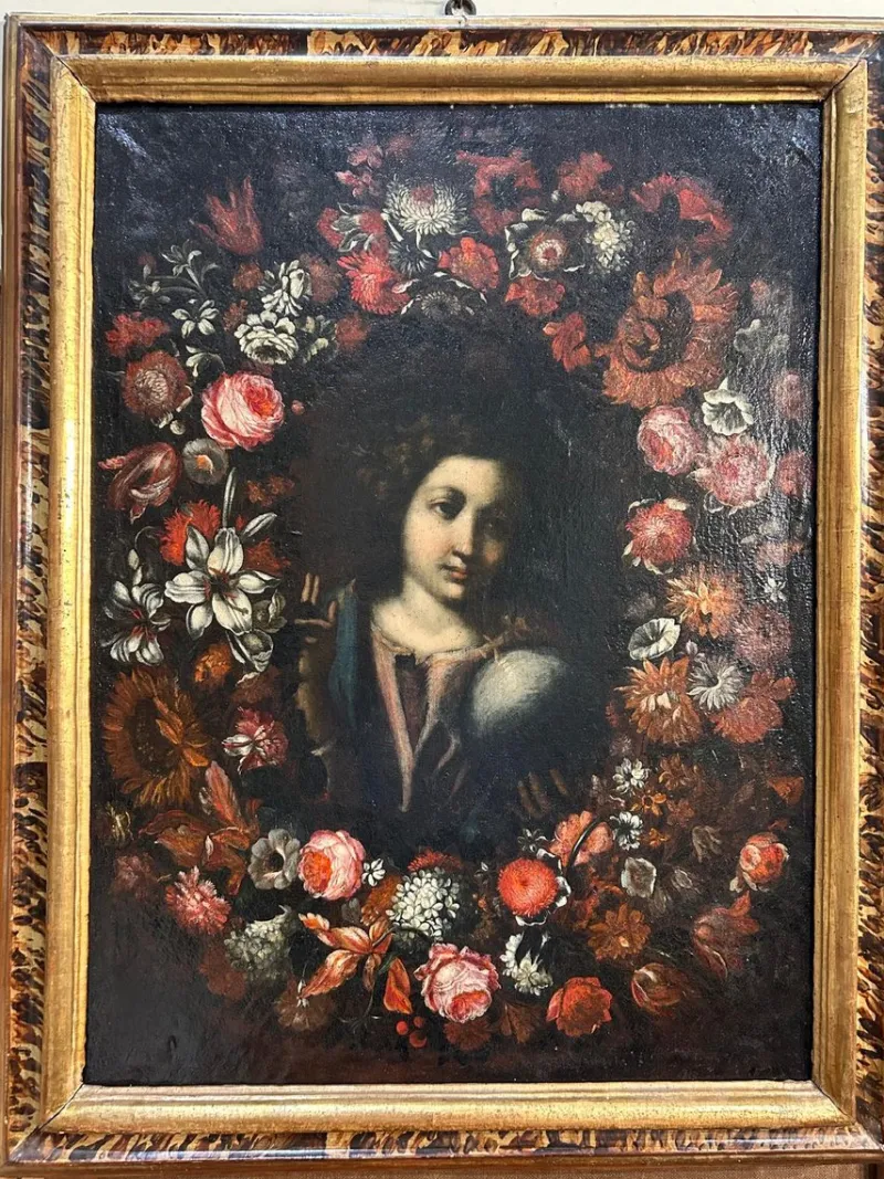 Outlet Pamono Roman School Artist, Salvador Mundi Within a Garland of Flowers, Late 17th Century, Painting, Framed