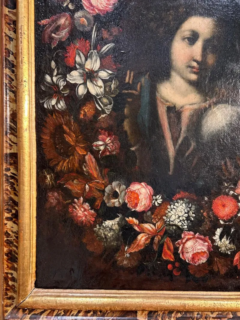 Outlet Pamono Roman School Artist, Salvador Mundi Within a Garland of Flowers, Late 17th Century, Painting, Framed