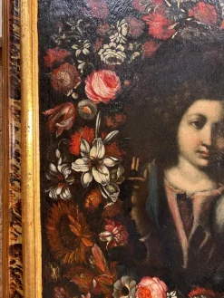Outlet Pamono Roman School Artist, Salvador Mundi Within a Garland of Flowers, Late 17th Century, Painting, Framed