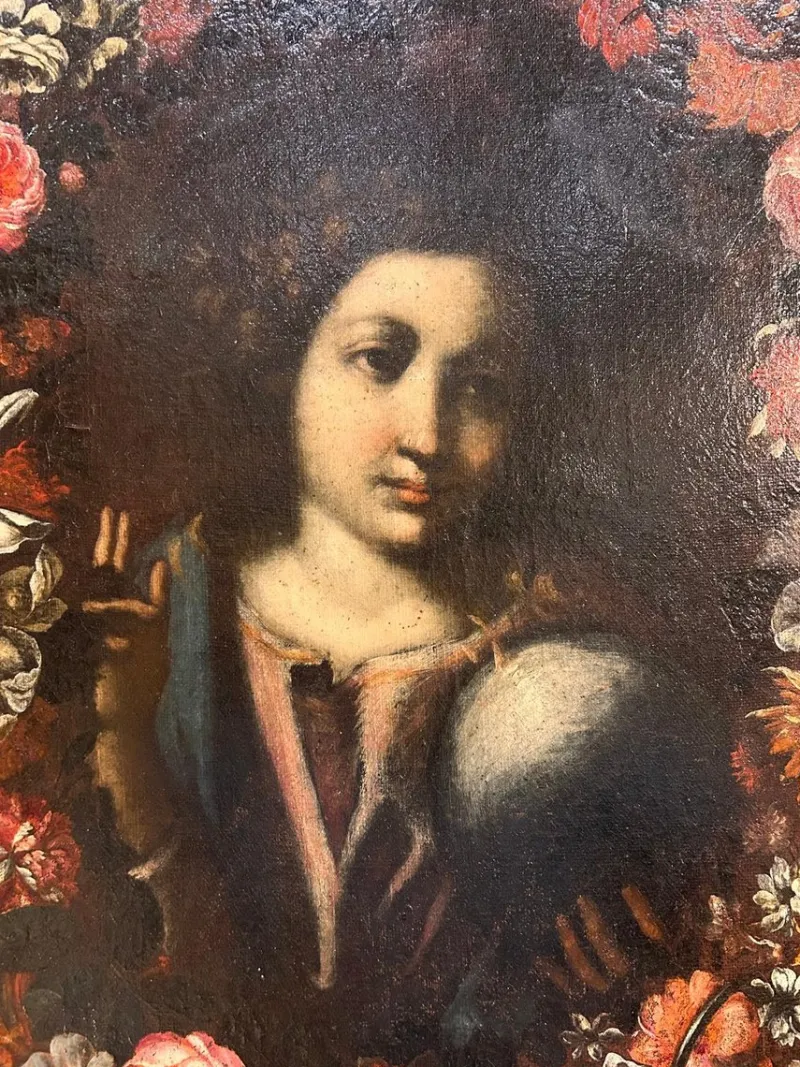 Outlet Pamono Roman School Artist, Salvador Mundi Within a Garland of Flowers, Late 17th Century, Painting, Framed