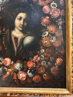 Outlet Pamono Roman School Artist, Salvador Mundi Within a Garland of Flowers, Late 17th Century, Painting, Framed