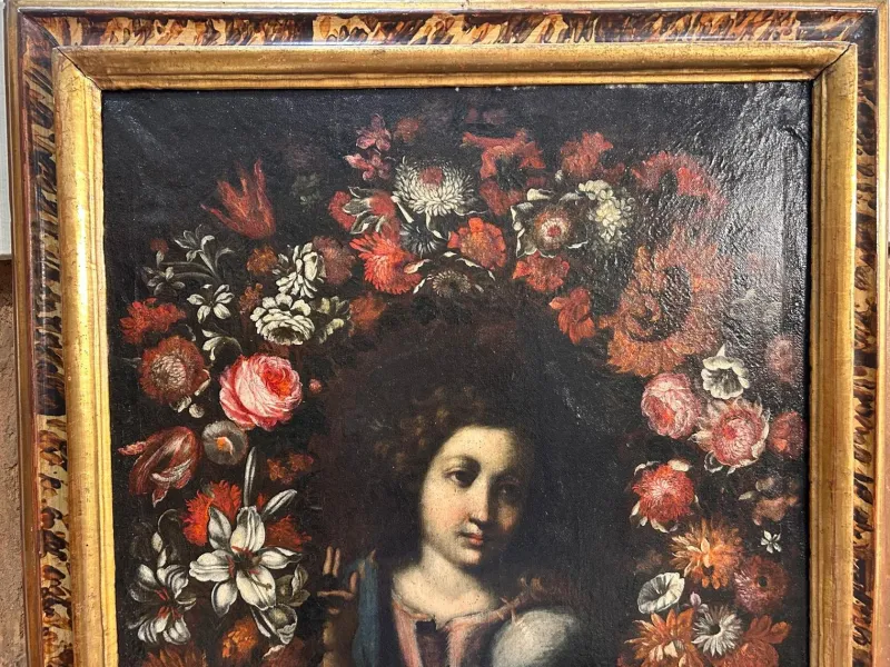 Outlet Pamono Roman School Artist, Salvador Mundi Within a Garland of Flowers, Late 17th Century, Painting, Framed