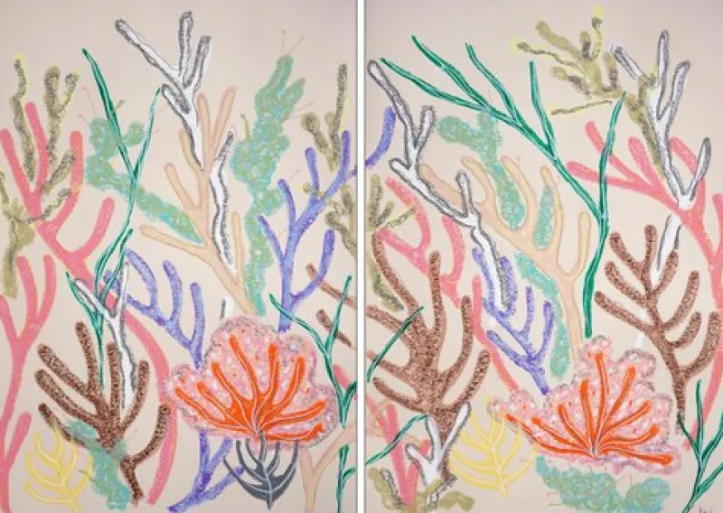Clearance Pamono Romina Milano, Coral Diptych in Pastel Tones, 2025, Gouache Crayon on Watercolor Paper