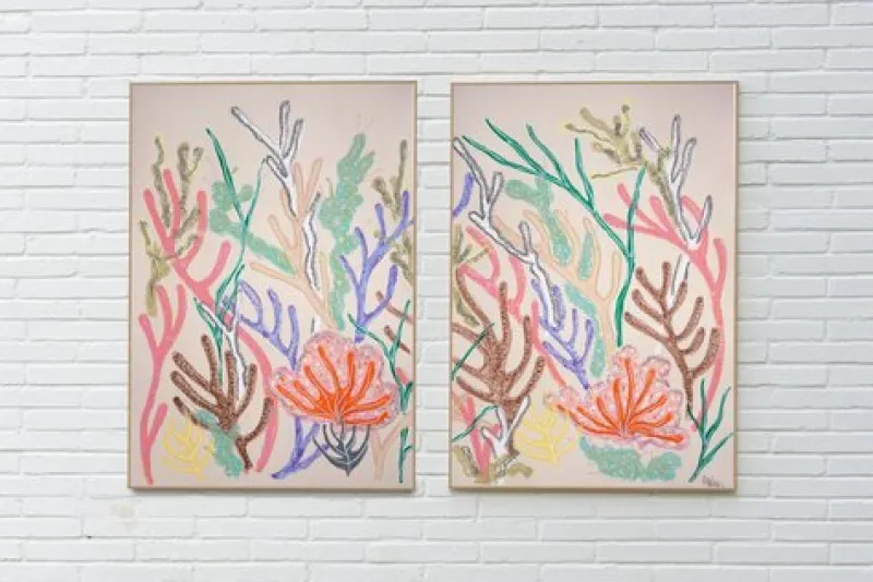 Clearance Pamono Romina Milano, Coral Diptych in Pastel Tones, 2025, Gouache Crayon on Watercolor Paper