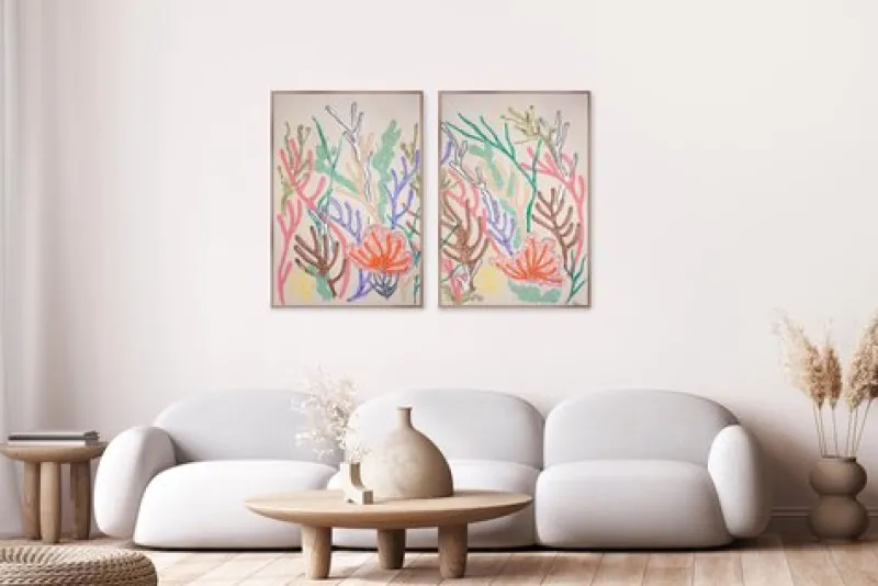 Clearance Pamono Romina Milano, Coral Diptych in Pastel Tones, 2025, Gouache Crayon on Watercolor Paper