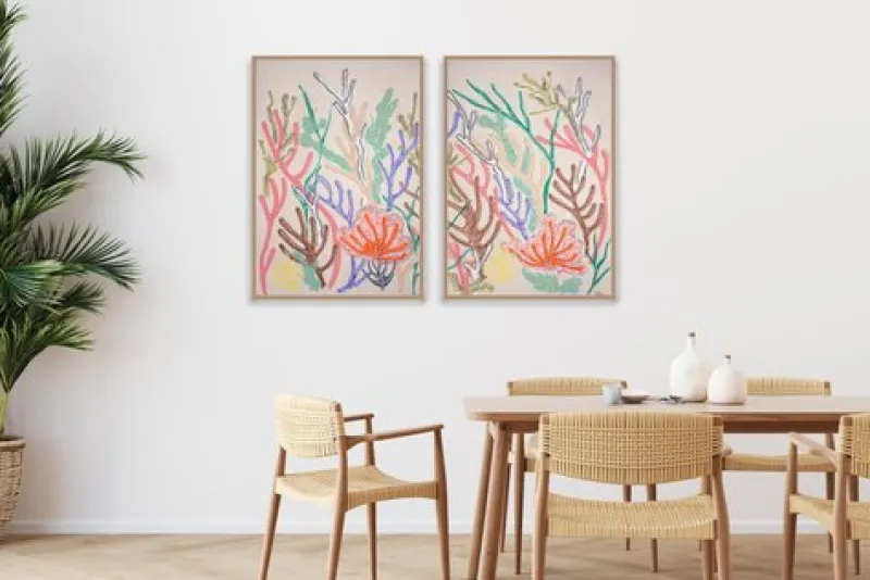 Clearance Pamono Romina Milano, Coral Diptych in Pastel Tones, 2025, Gouache Crayon on Watercolor Paper
