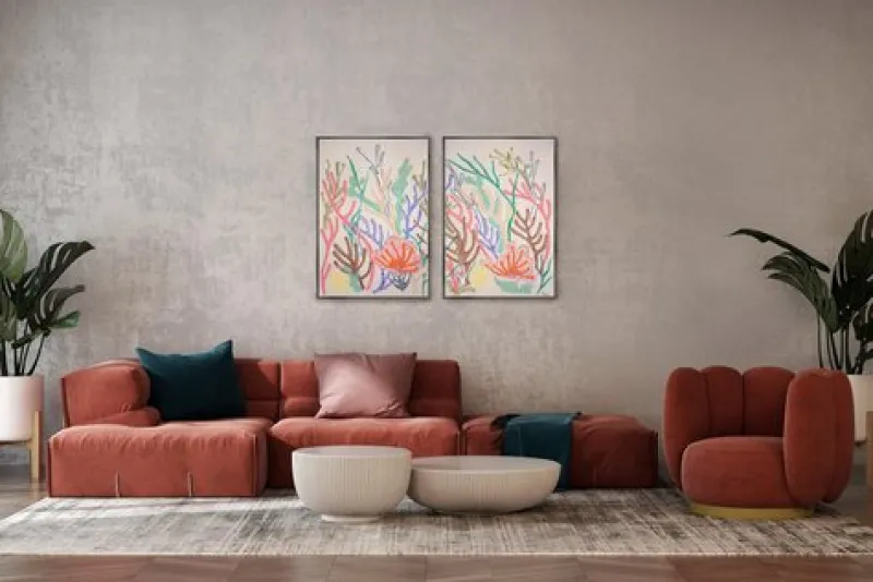 Clearance Pamono Romina Milano, Coral Diptych in Pastel Tones, 2025, Gouache Crayon on Watercolor Paper