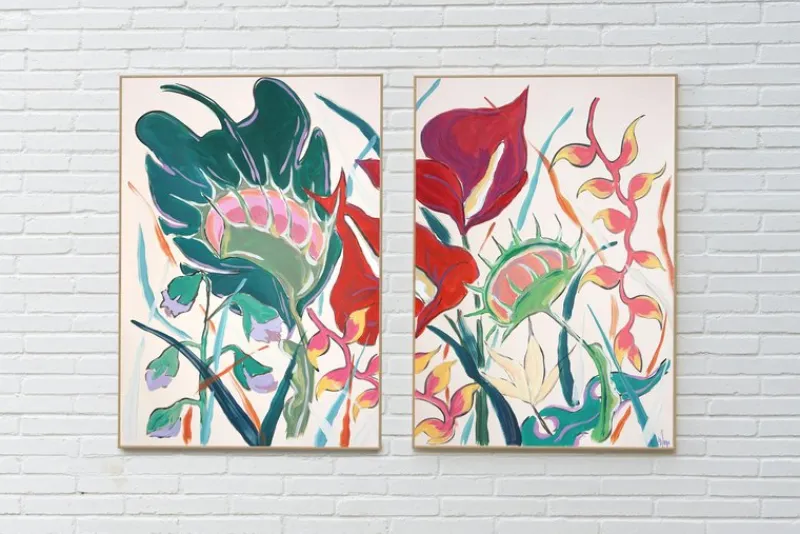 Pamono Romina Milano, Large Diptych of Exotic Flowers, 2025, Acrylic Painting and India Ink on Watercolor Paper> Work On Paper
