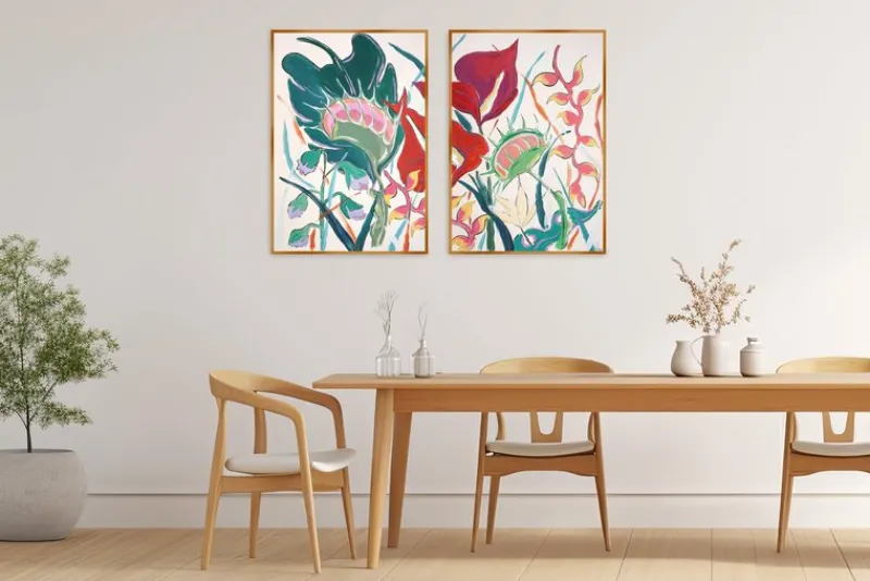 Pamono Romina Milano, Large Diptych of Exotic Flowers, 2025, Acrylic Painting and India Ink on Watercolor Paper> Work On Paper