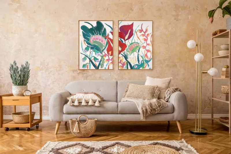 Pamono Romina Milano, Large Diptych of Exotic Flowers, 2025, Acrylic Painting and India Ink on Watercolor Paper> Work On Paper