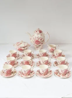 Pamono Rose Chintz English Coffee Service from Johnson Bros, 1980s, Set of 27> Coffee & Tea Service