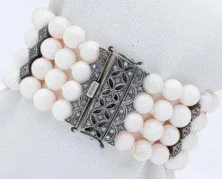 Pamono Rose Gold and Silver Beaded Bracelet with Coral and Diamonds> Bracelets