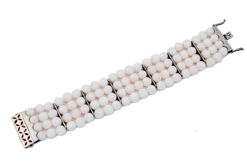 Pamono Rose Gold and Silver Beaded Bracelet with Coral and Diamonds> Bracelets