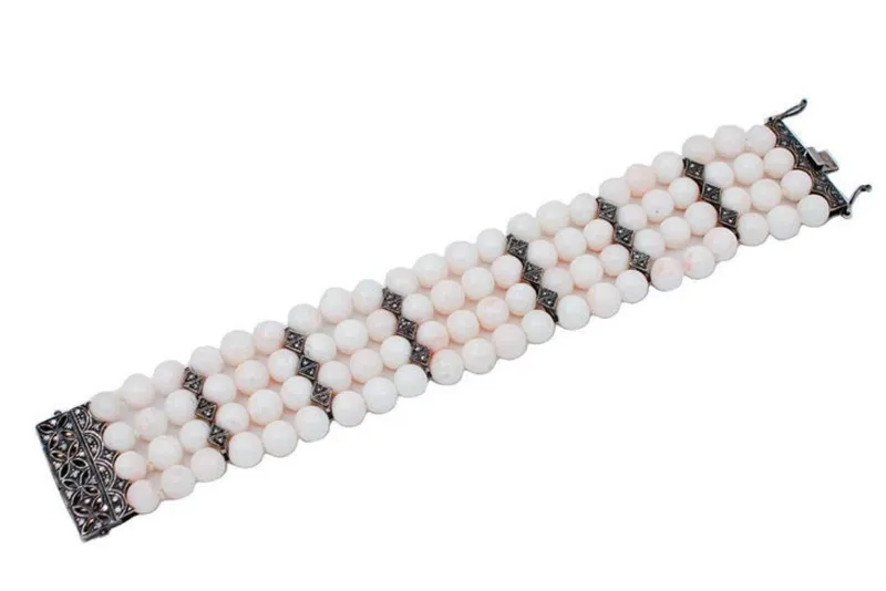 Pamono Rose Gold and Silver Beaded Bracelet with Coral and Diamonds> Bracelets