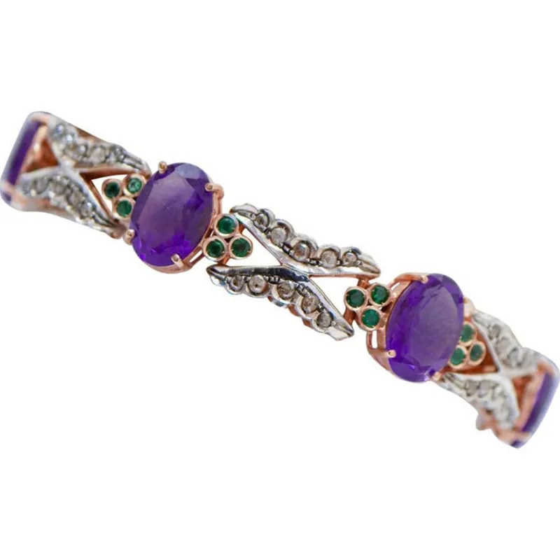 Pamono Rose Gold and Silver Bracelet with Amethysts and Emeralds> Bracelets