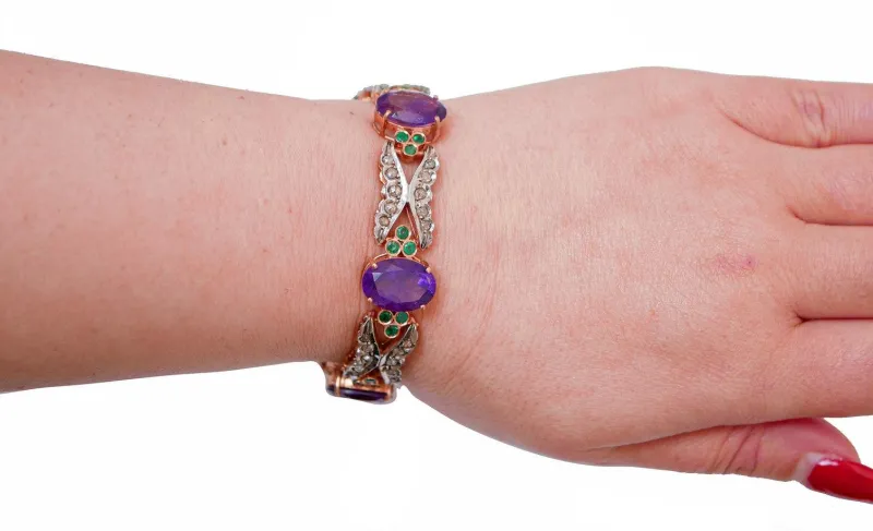Pamono Rose Gold and Silver Bracelet with Amethysts and Emeralds> Bracelets