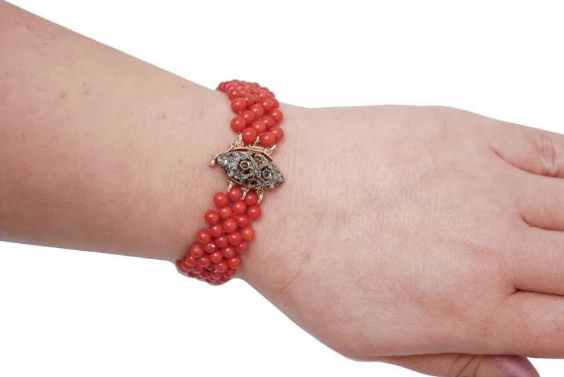 Pamono Rose Gold and Silver Bracelet with Coral, Sapphires and Diamonds> Bracelets