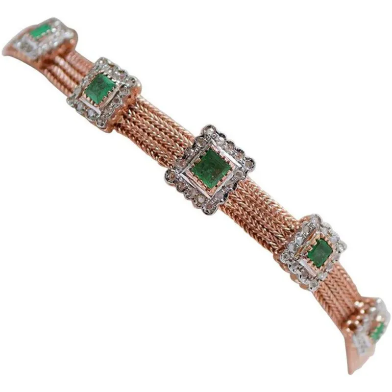 New Pamono Rose Gold and Silver Bracelet with Emeralds and Diamonds