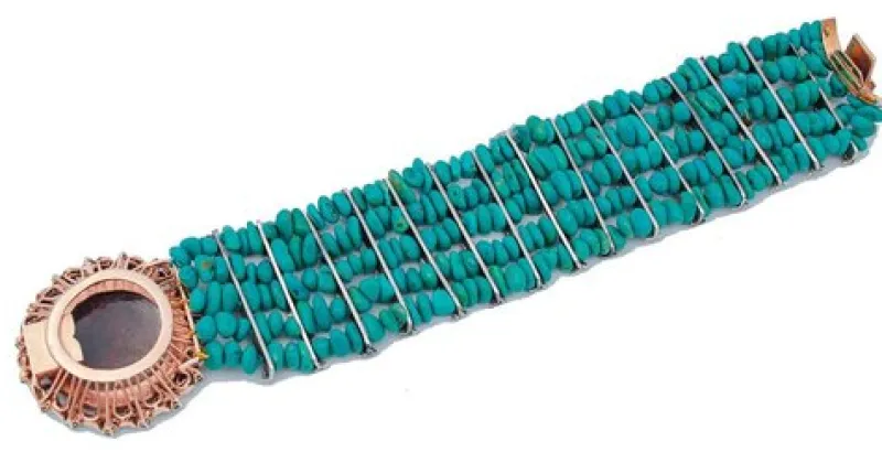 Pamono Rose Gold and Silver Bracelet with Turquoise and Tsavorite> Bracelets