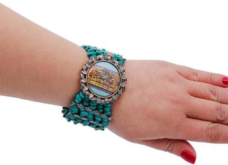 Pamono Rose Gold and Silver Bracelet with Turquoise and Tsavorite> Bracelets