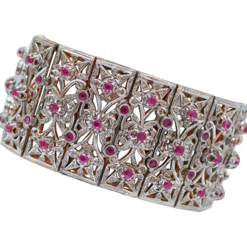 Hot Pamono Rose Gold and Silver Bracelet with Rubies and Diamonds