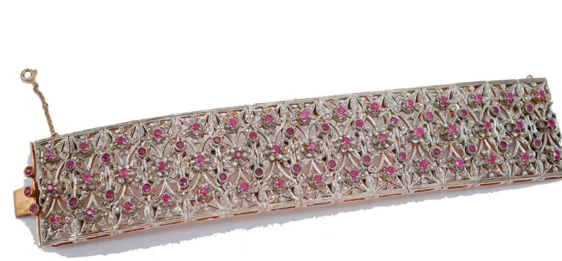Hot Pamono Rose Gold and Silver Bracelet with Rubies and Diamonds