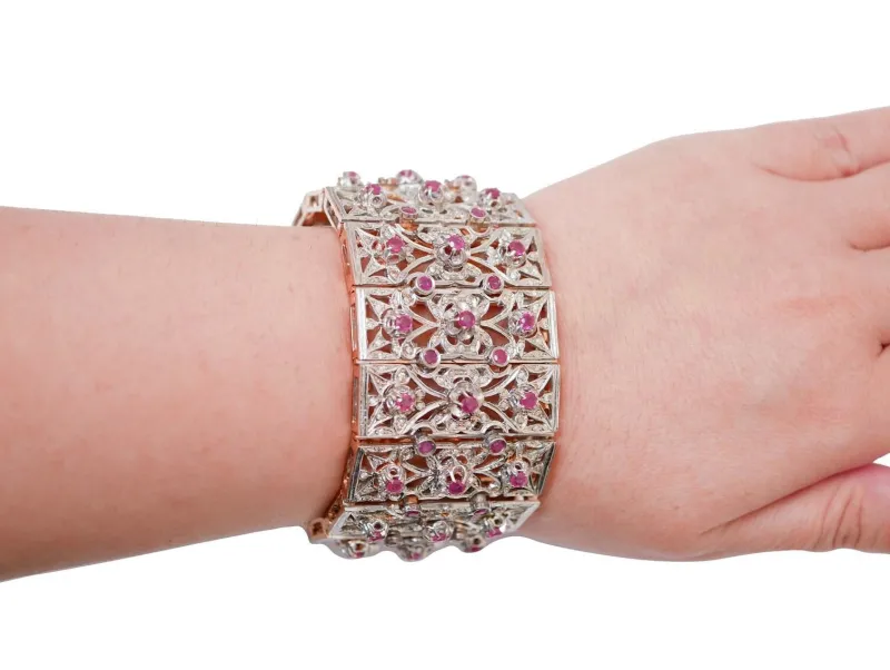 Hot Pamono Rose Gold and Silver Bracelet with Rubies and Diamonds