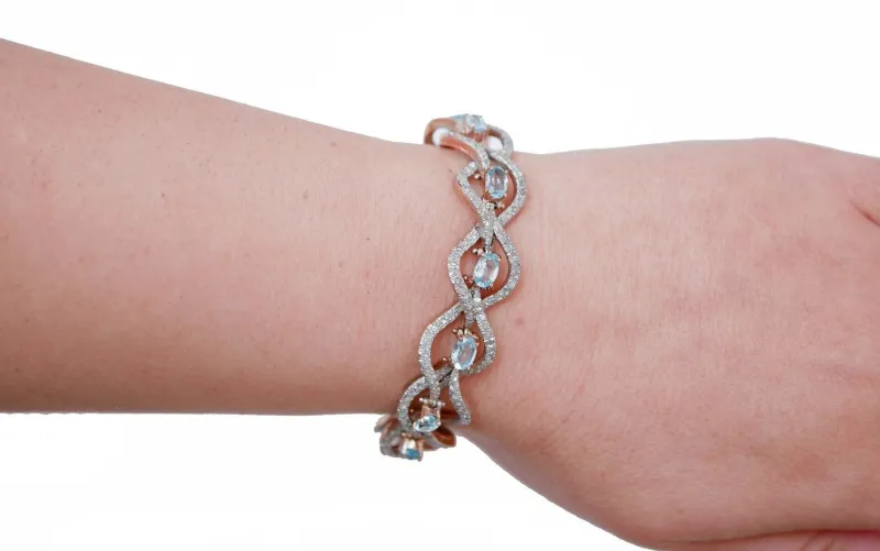 Pamono Rose Gold and Silver Bracelet with Aquamarine Color Topaz and Diamonds> Bracelets