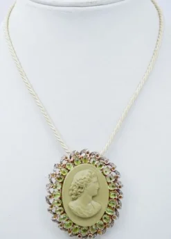 Pamono Rose Gold and Silver Brooch or Pendant Necklace Lava Stone, Peridots, Topazs and Diamonds> Brooches