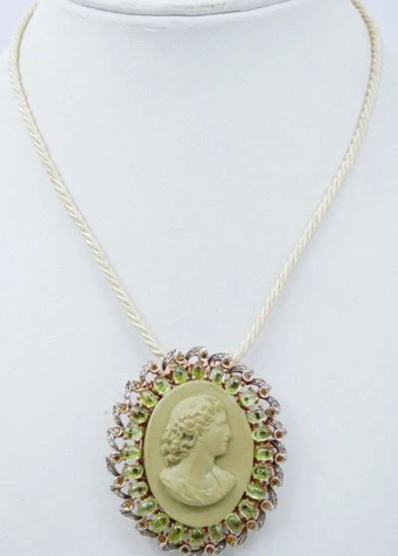 Pamono Rose Gold and Silver Brooch or Pendant Necklace Lava Stone, Peridots, Topazs and Diamonds> Brooches