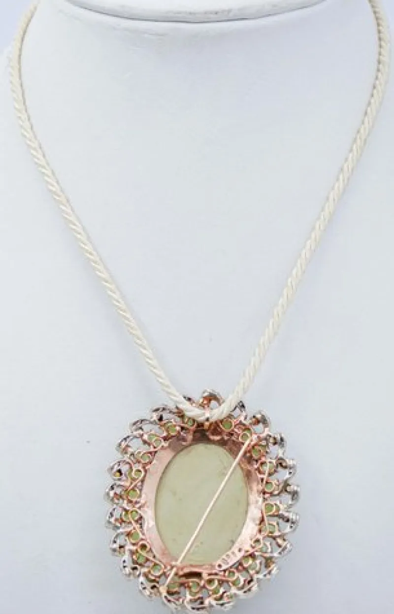 Pamono Rose Gold and Silver Brooch or Pendant Necklace Lava Stone, Peridots, Topazs and Diamonds> Brooches