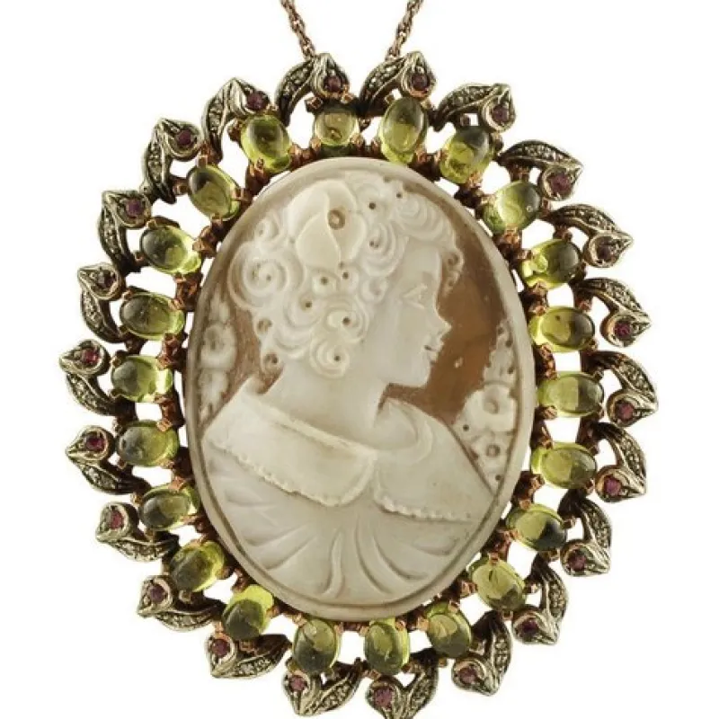 Pamono Rose Gold and Silver Cameo Pendant or Brooch with Peridot, Diamonds and Rubies> Brooches
