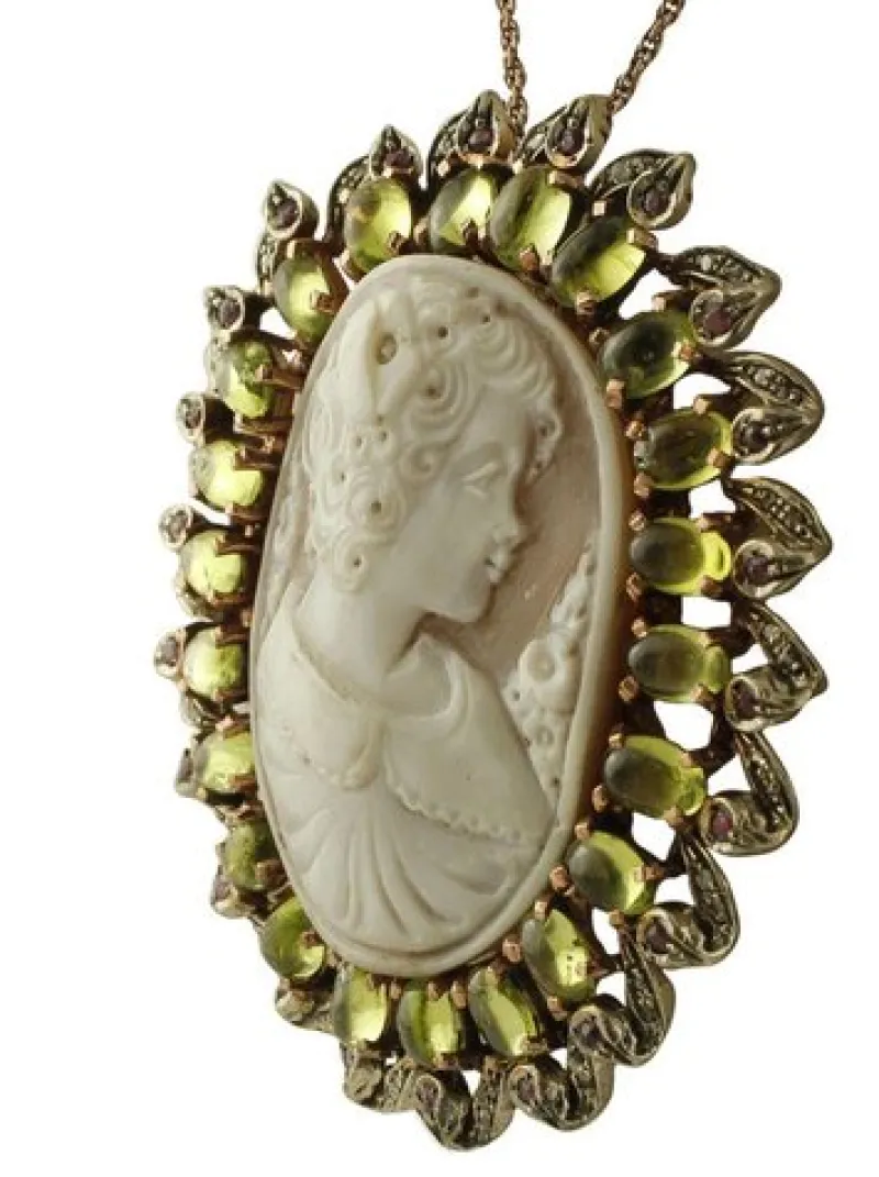 Pamono Rose Gold and Silver Cameo Pendant or Brooch with Peridot, Diamonds and Rubies> Brooches