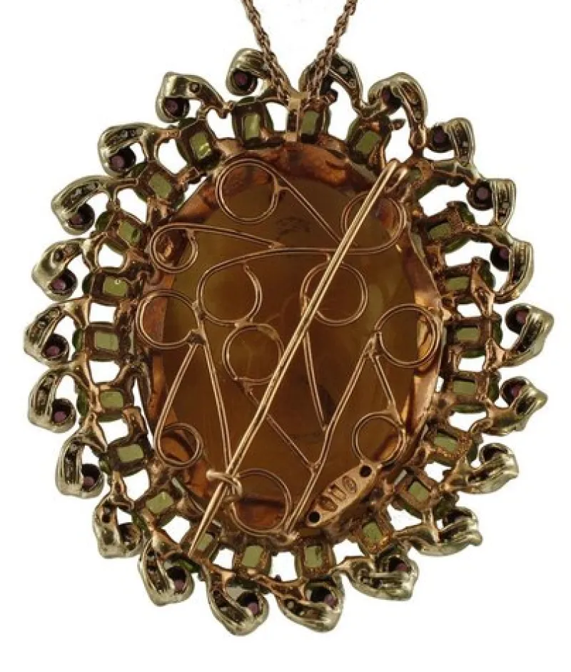 Pamono Rose Gold and Silver Cameo Pendant or Brooch with Peridot, Diamonds and Rubies> Brooches