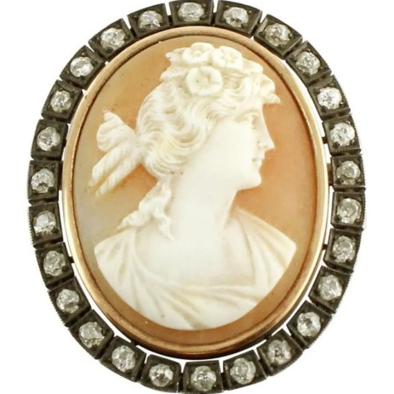 Pamono Rose Gold and Silver Carved Cameo Brooch with Diamonds> Brooches