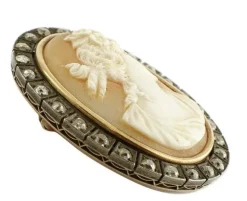 Pamono Rose Gold and Silver Carved Cameo Brooch with Diamonds> Brooches