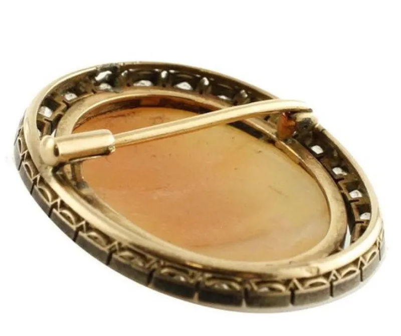 Pamono Rose Gold and Silver Carved Cameo Brooch with Diamonds> Brooches
