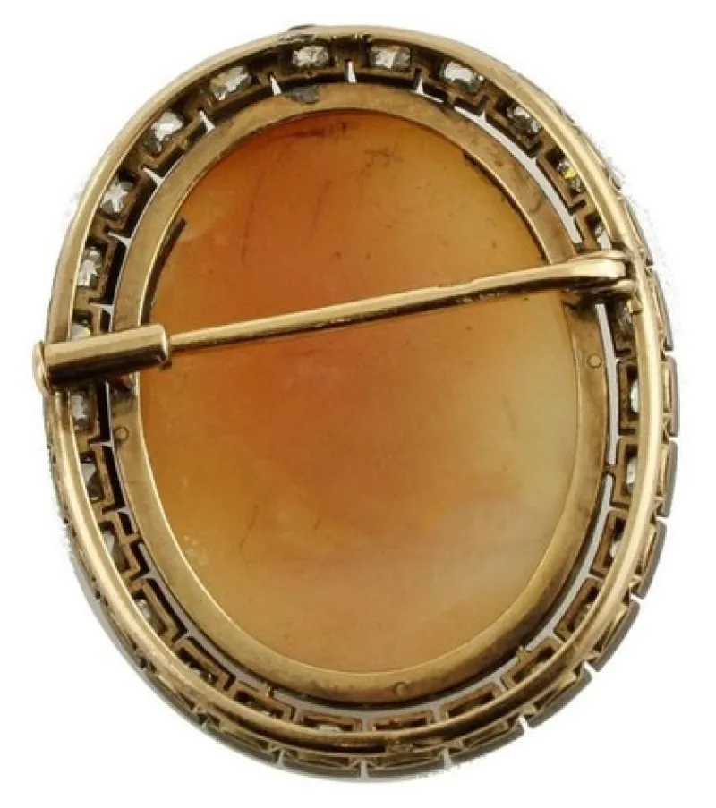 Pamono Rose Gold and Silver Carved Cameo Brooch with Diamonds> Brooches