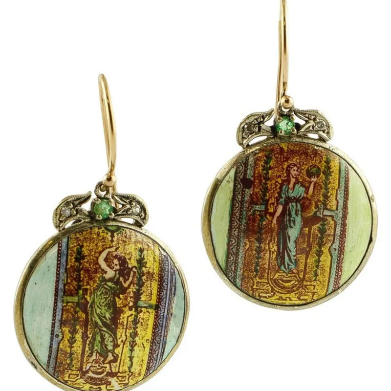 Pamono Rose Gold and Silver Dangle Earrings with Painted Hard Stones, Emeralds and Diamonds, Set of 2> Earrings
