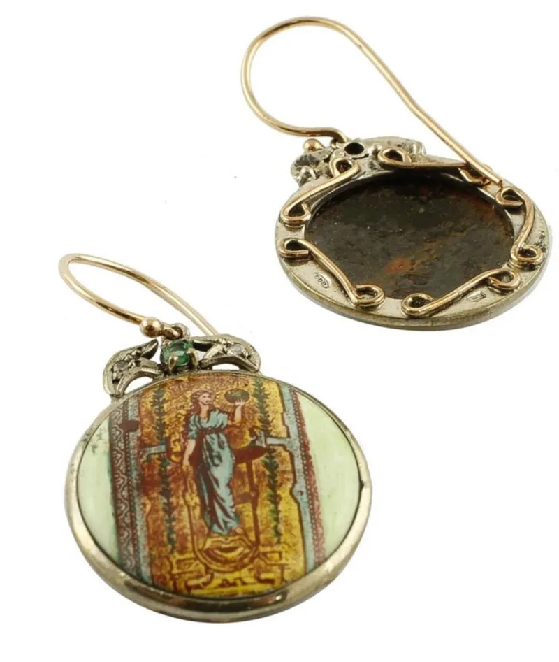 Pamono Rose Gold and Silver Dangle Earrings with Painted Hard Stones, Emeralds and Diamonds, Set of 2> Earrings